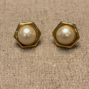 Vintage Monet Faux Pearl Hexagon Stud Earrings